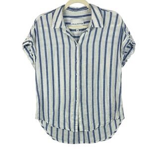 Lola River Linen Lyocell Blend Coastal Oversized Striped Button-Up Med Blouse